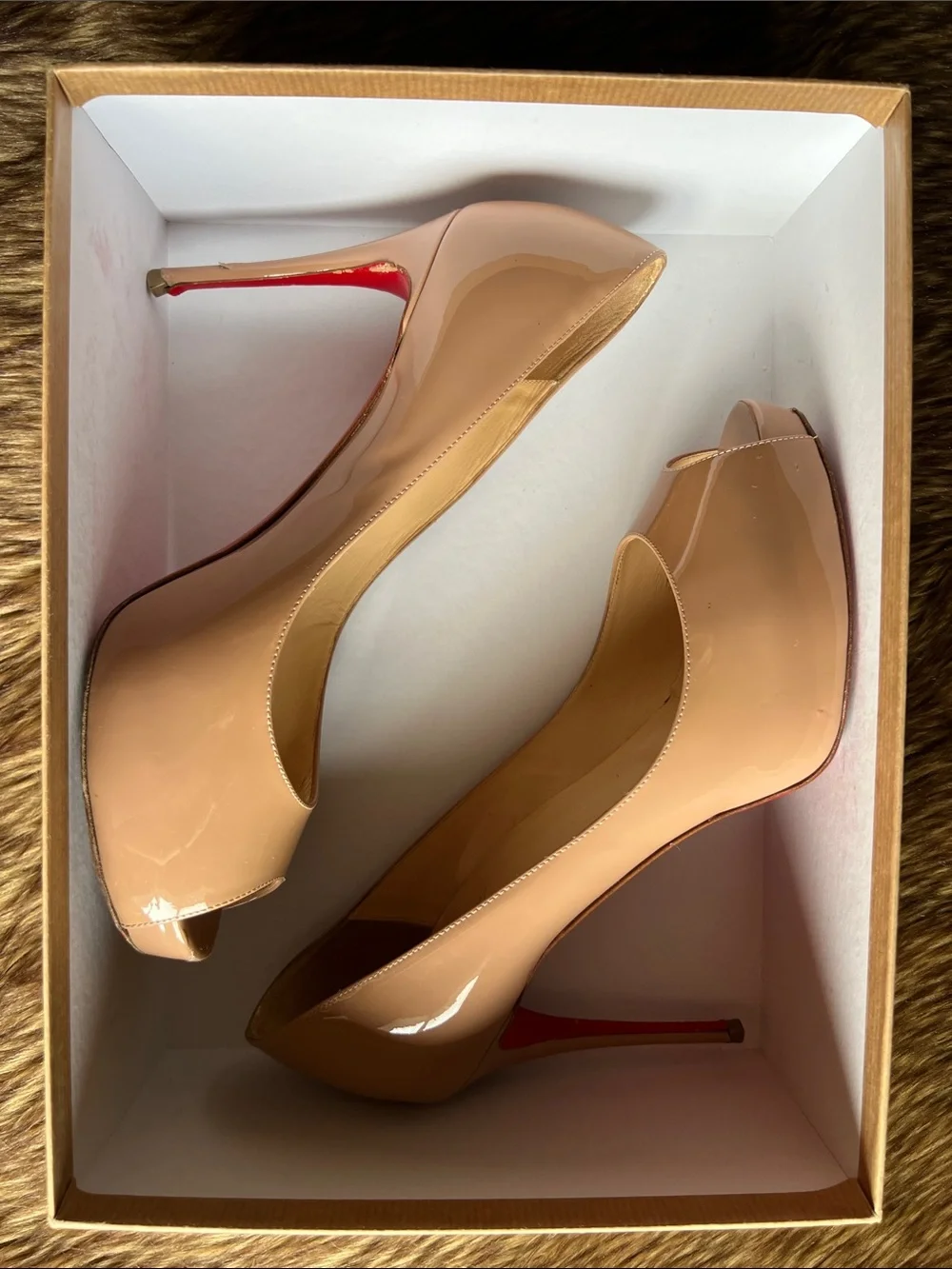 Christian Louboutin Nude Patent Peep-Toe Pumps with Signature Red Sole
